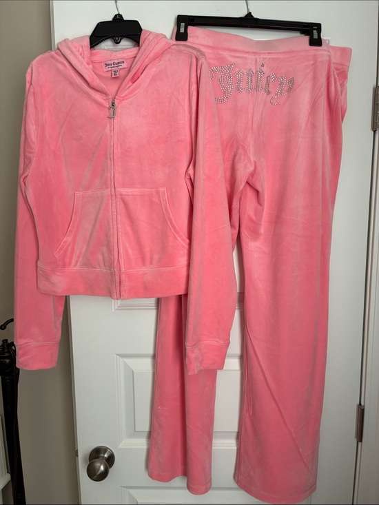Juicy Couture Other - Juicy Couture Pink Velour Zip Hoodie & Rhinestone Logo Sweatpants Set